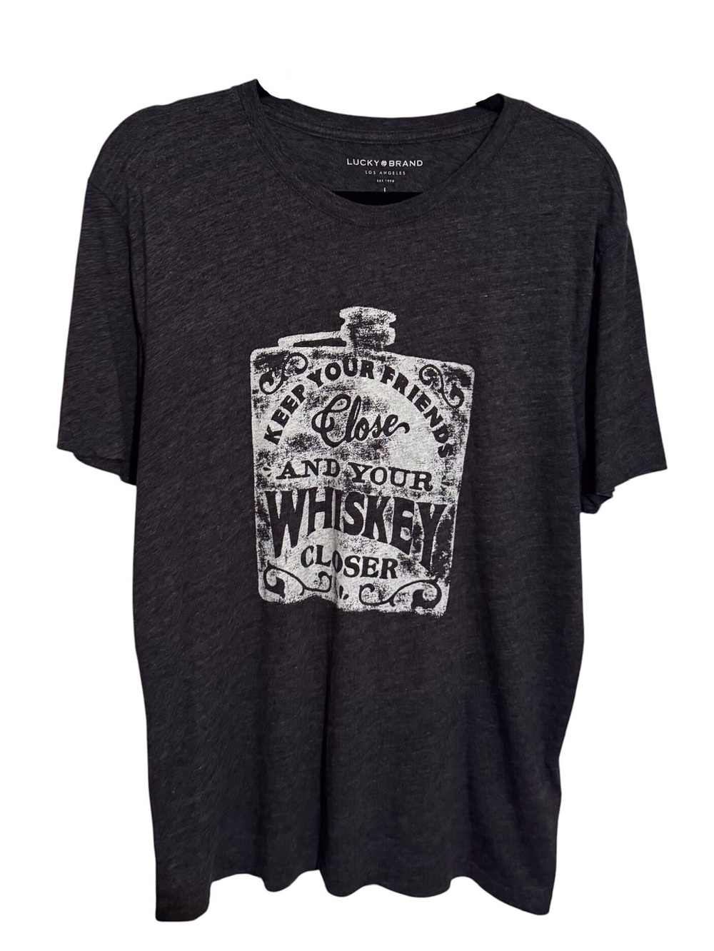 Lucky Brand Men’s Large Gray Whiskey Graphic Tee T-Shirt Retro Casual Lounge